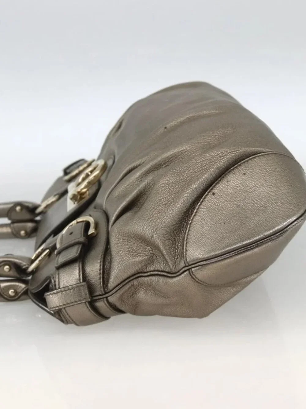 Salvatore Ferragamo Gancini Hand Bag Leather Gold Silver Auth BA11899